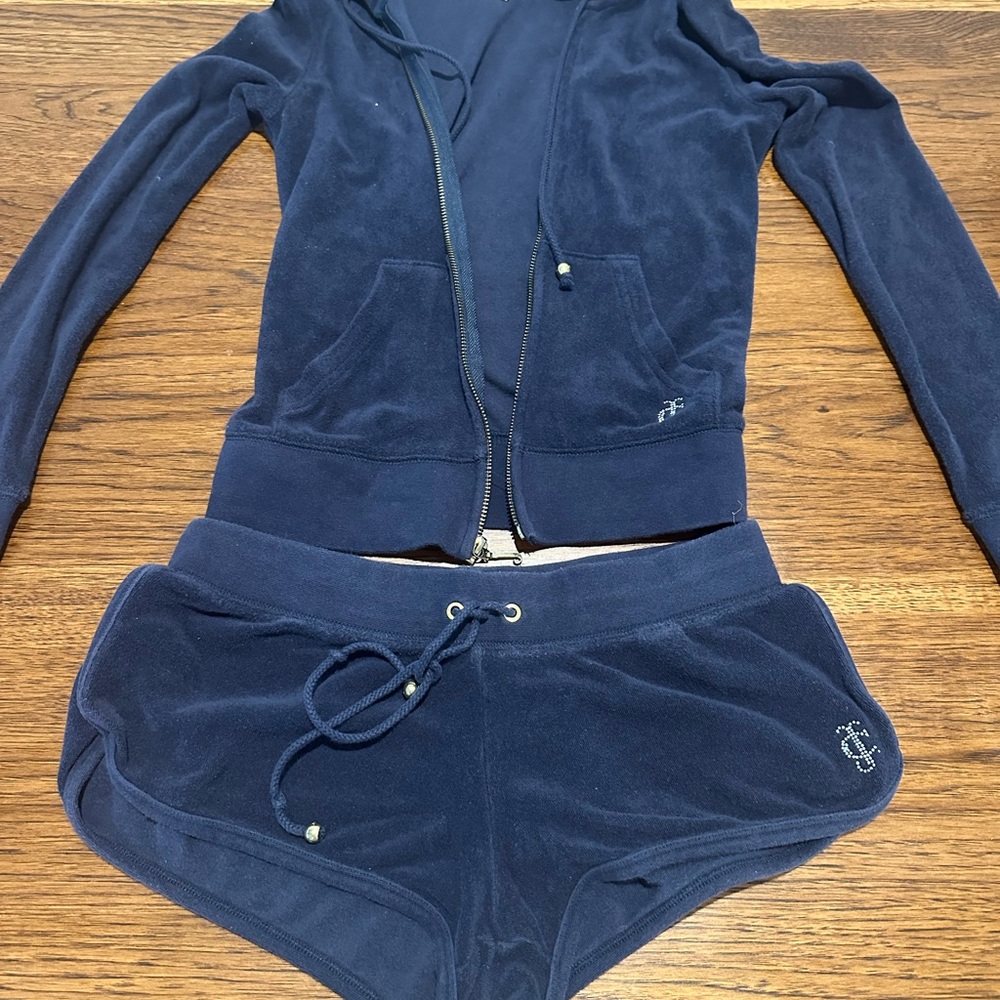 Y2K Juicy Couture Dark Blue Velour Hoodie and Shorts